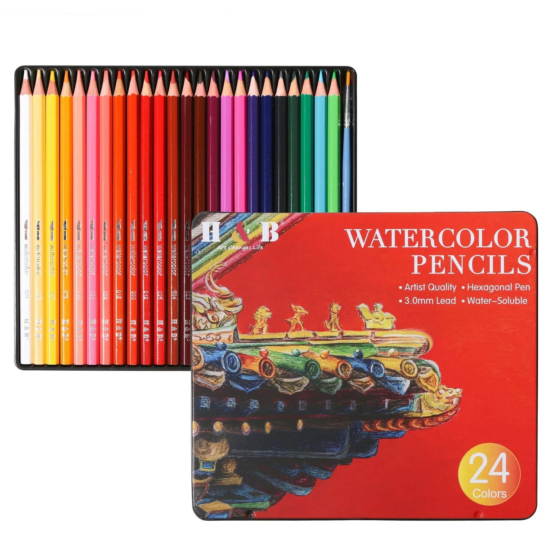 Water-soluble coloured pencils set with 24 colours in metal storage tin for drawing and watercolour techniques