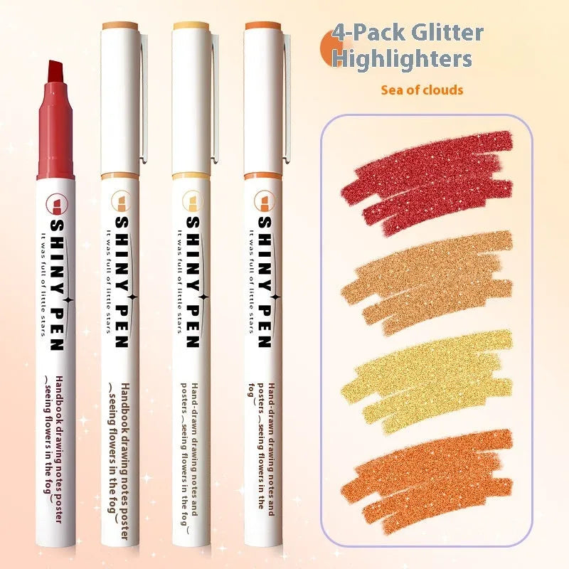 Sparkling Star River highlighter pens with glitter ink in plastic shells, 136mm length with slanted 4mm tips