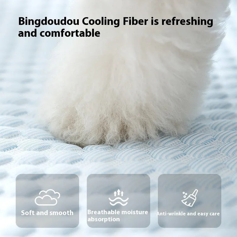 Cool feeling breathable PP cotton dog mat in blue or green, sizes S to XXL, for dogs and cats