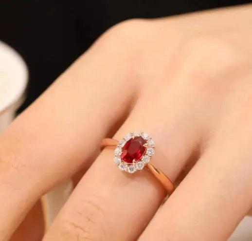 Gold Pigeon red blood gemstone sterling silver inlaid ring with floral pattern