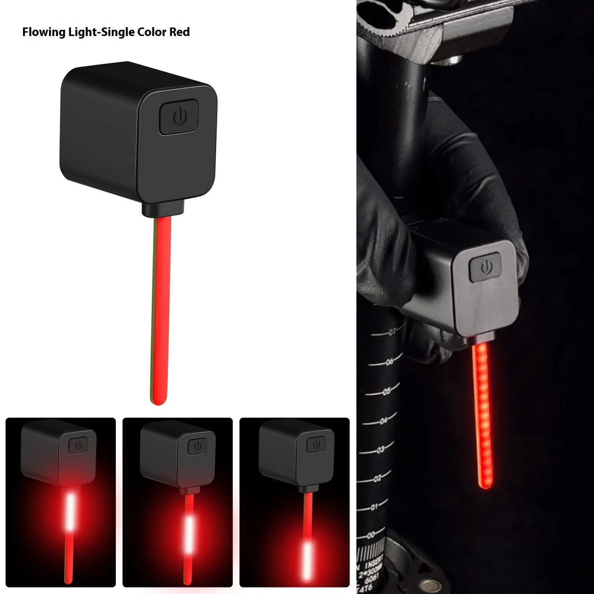 Bicycle taillight with running water LED light pattern mounted on bike seat tube for night riding safety