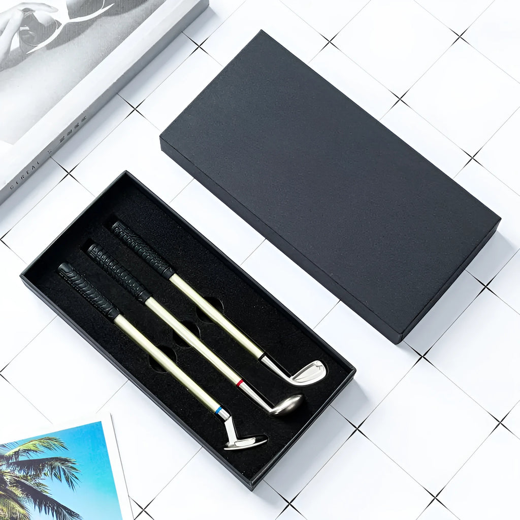 Three metal ballpoint pens with golf suit pattern design showing 0.7mm bullet-type pen heads