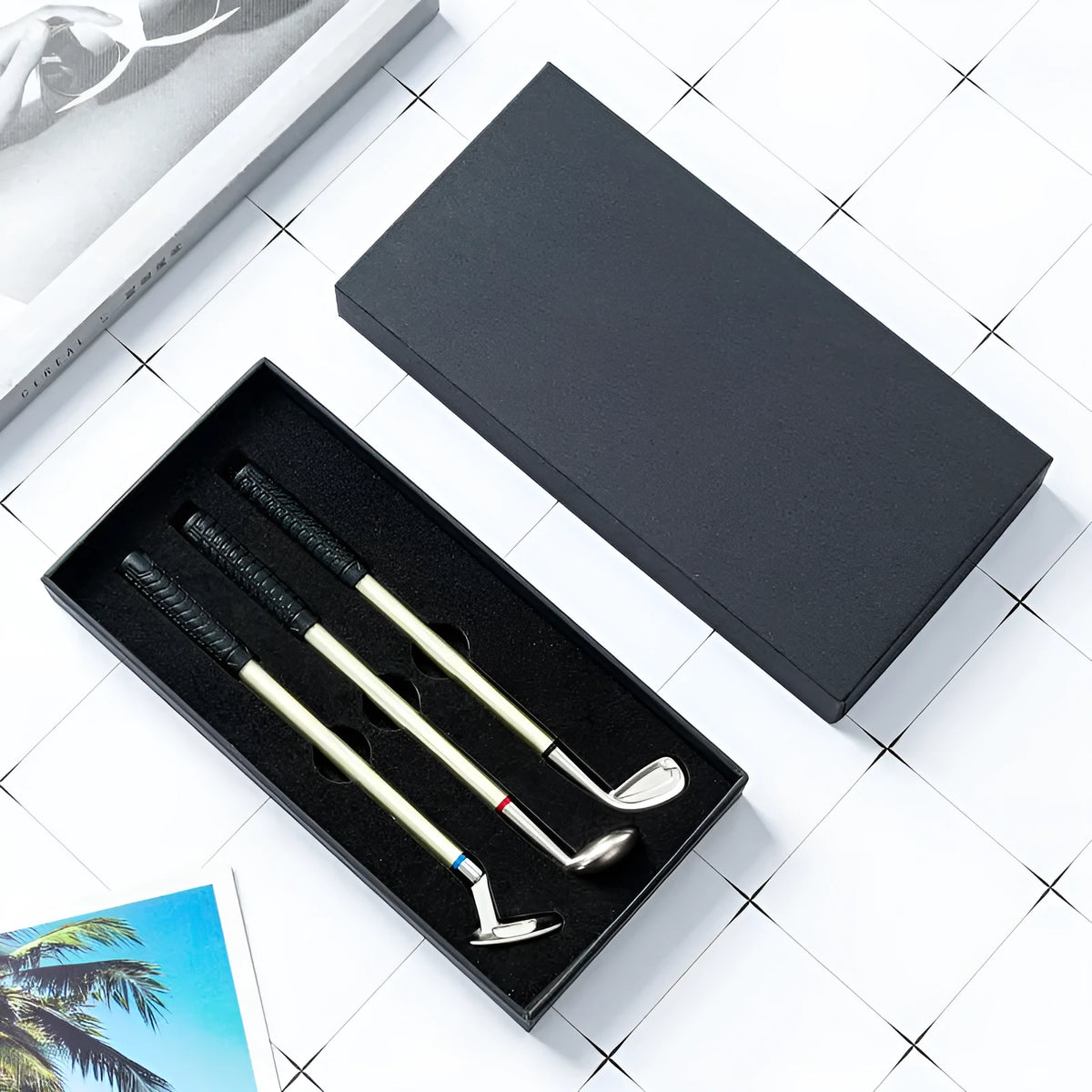 Three metal ballpoint pens with golf suit pattern design showing 0.7mm bullet-type pen heads