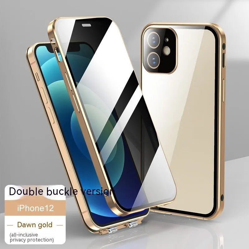 Glass iPhone case with double-sided buckle shown in multiple colours: black, blue, gold, green, and silver grey.