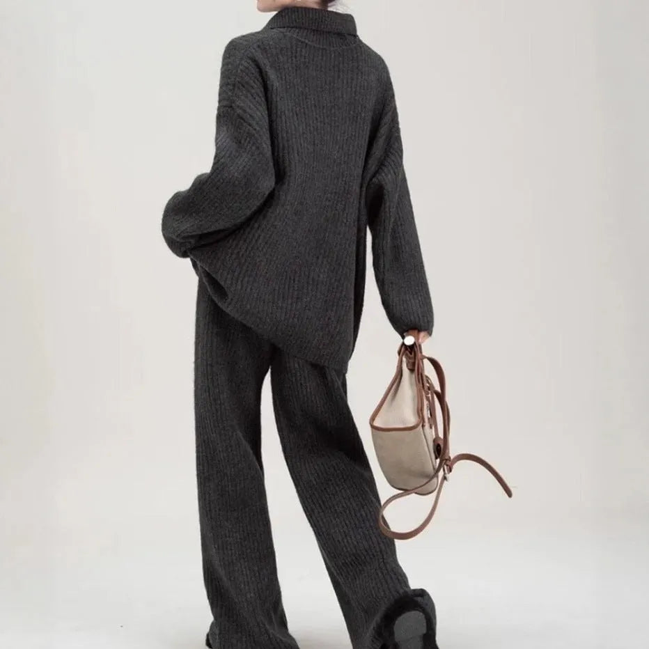 Imitation cashmere sweater suit two-piece set with top and trousers in dark grey colour