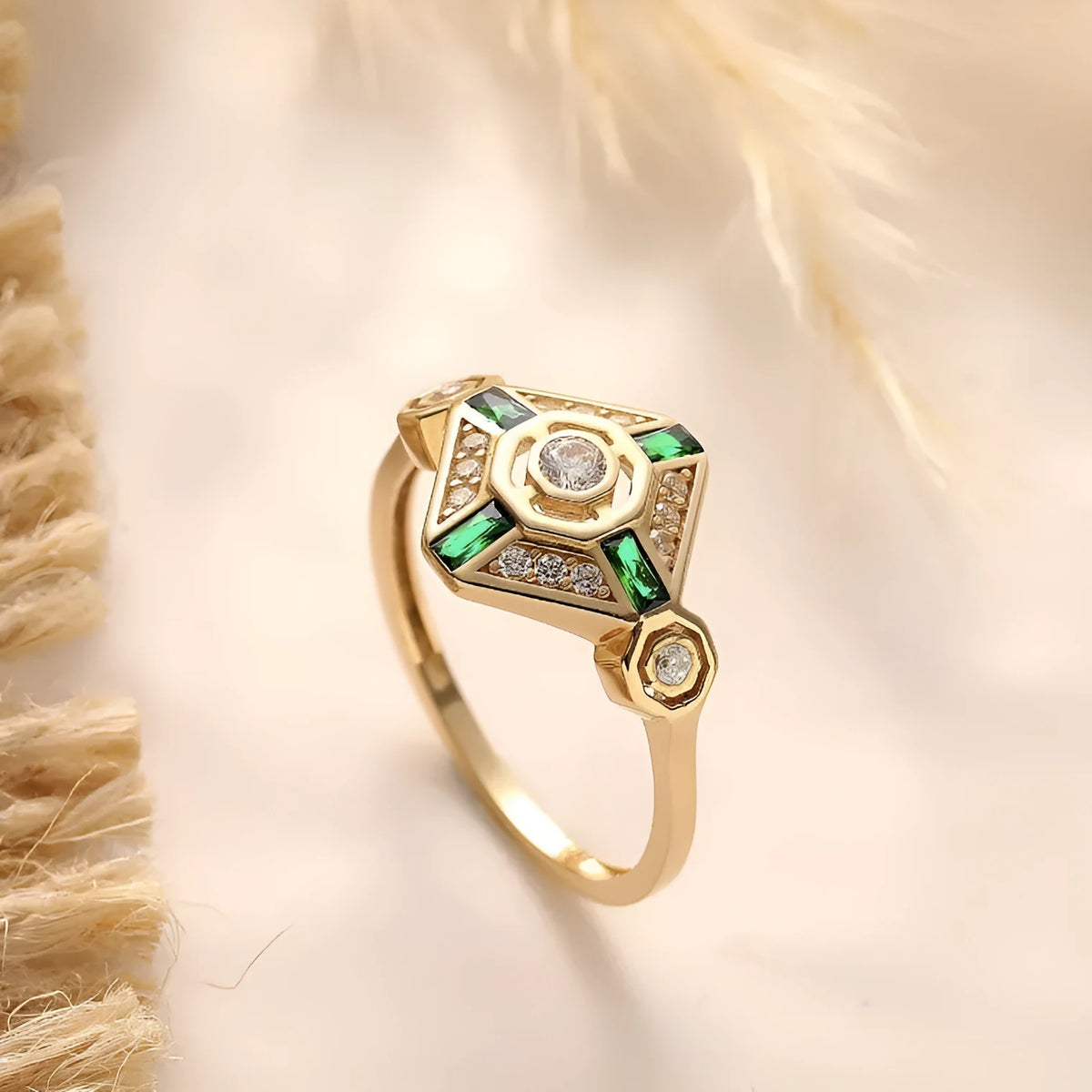 Square geometric women's fashion ring in lvzuan colour with an electroplated finish.