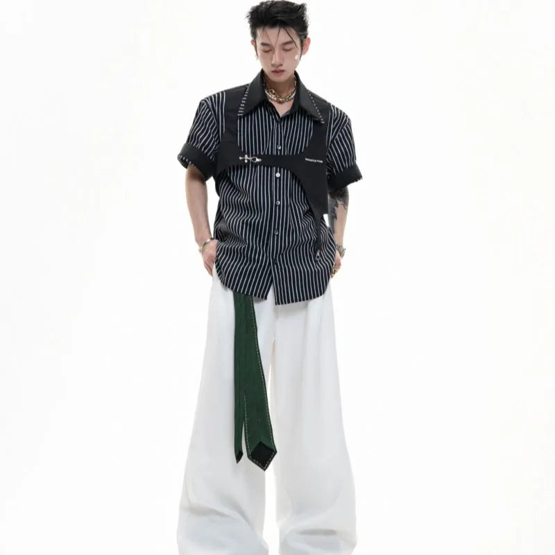 Black and white striped men's shirt with double lapel collar design