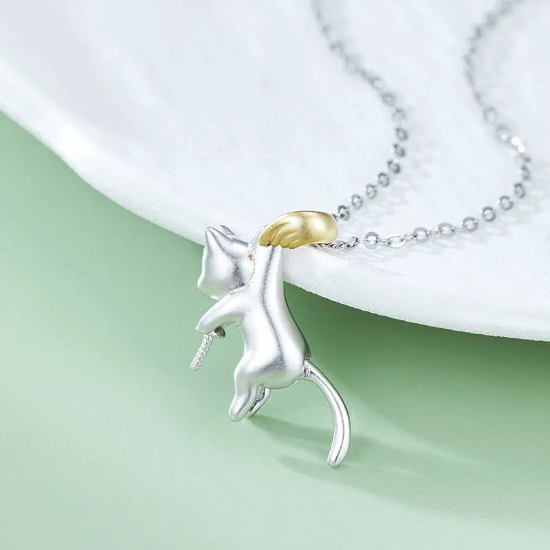 925 sterling silver clavicle chain necklace with cat design and pearl bead options
