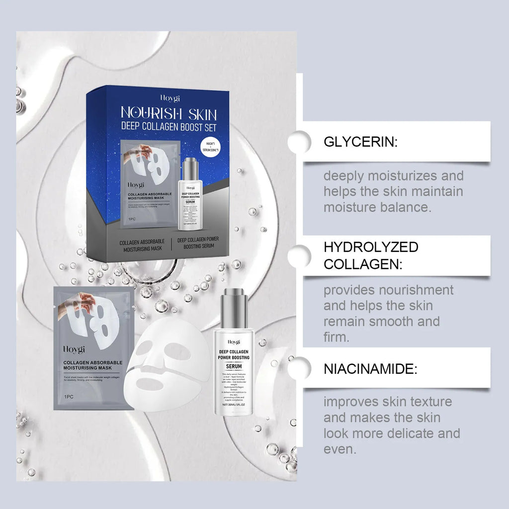 Collagen moisturising skincare set with sheet mask and 30ml essence serum bottle