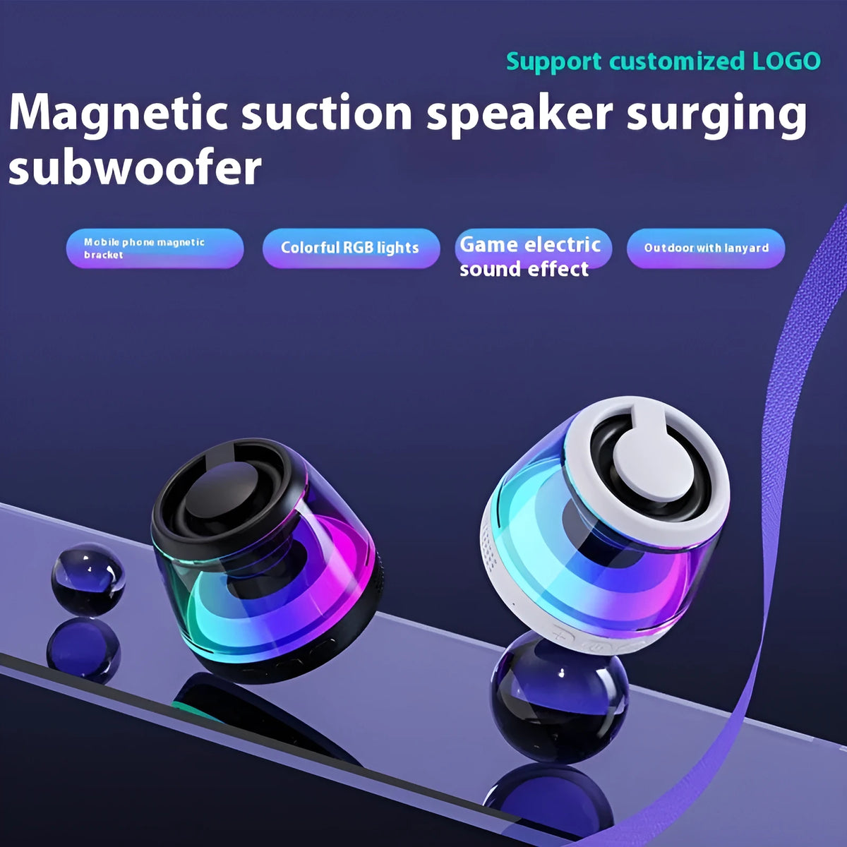 Portable wireless Bluetooth speaker with magnetic base and ambient LED light in black or white colour options
