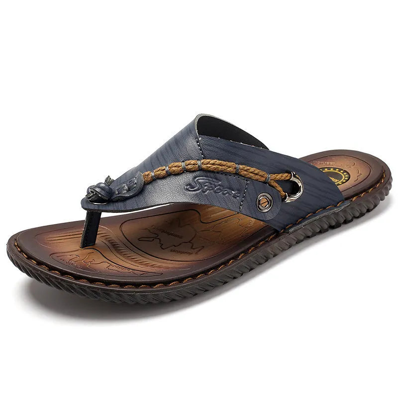 Men's non-slip casual slippers in blue PU leather, shown from the side.
