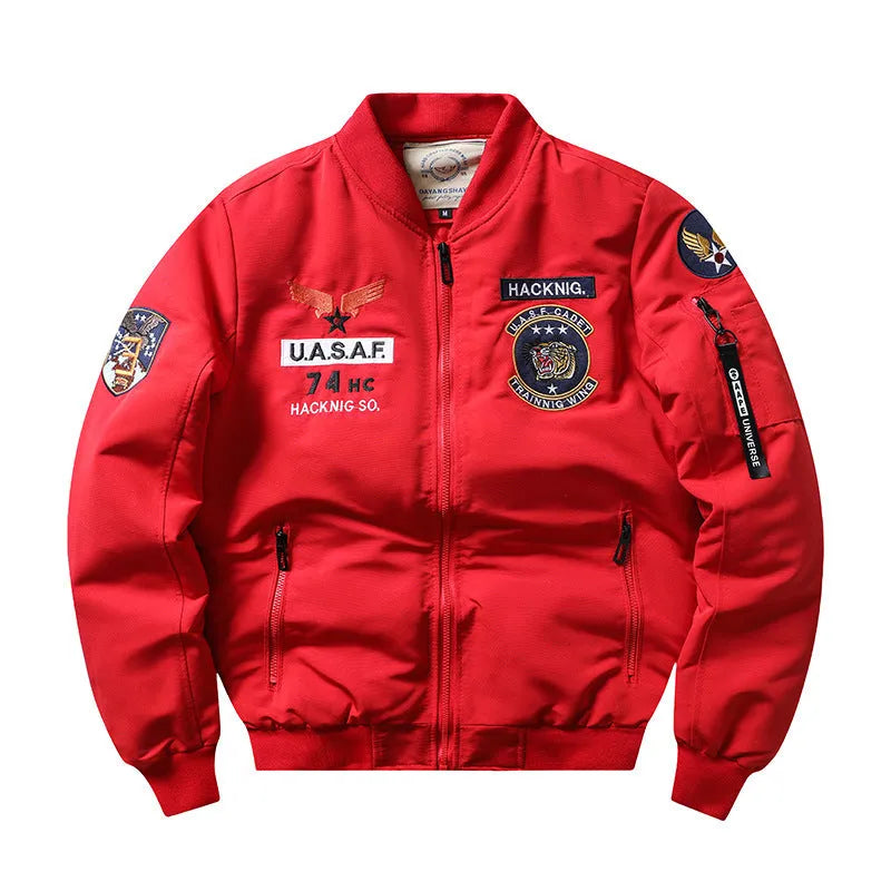 Men's slim-fit black retro stand collar cotton-padded Harley-style coat with patch pockets.