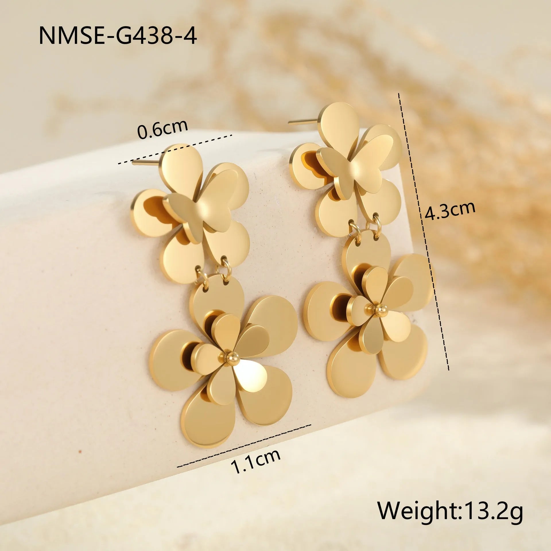 Gold floral butterfly design stainless steel earrings for women with 18K electroplating