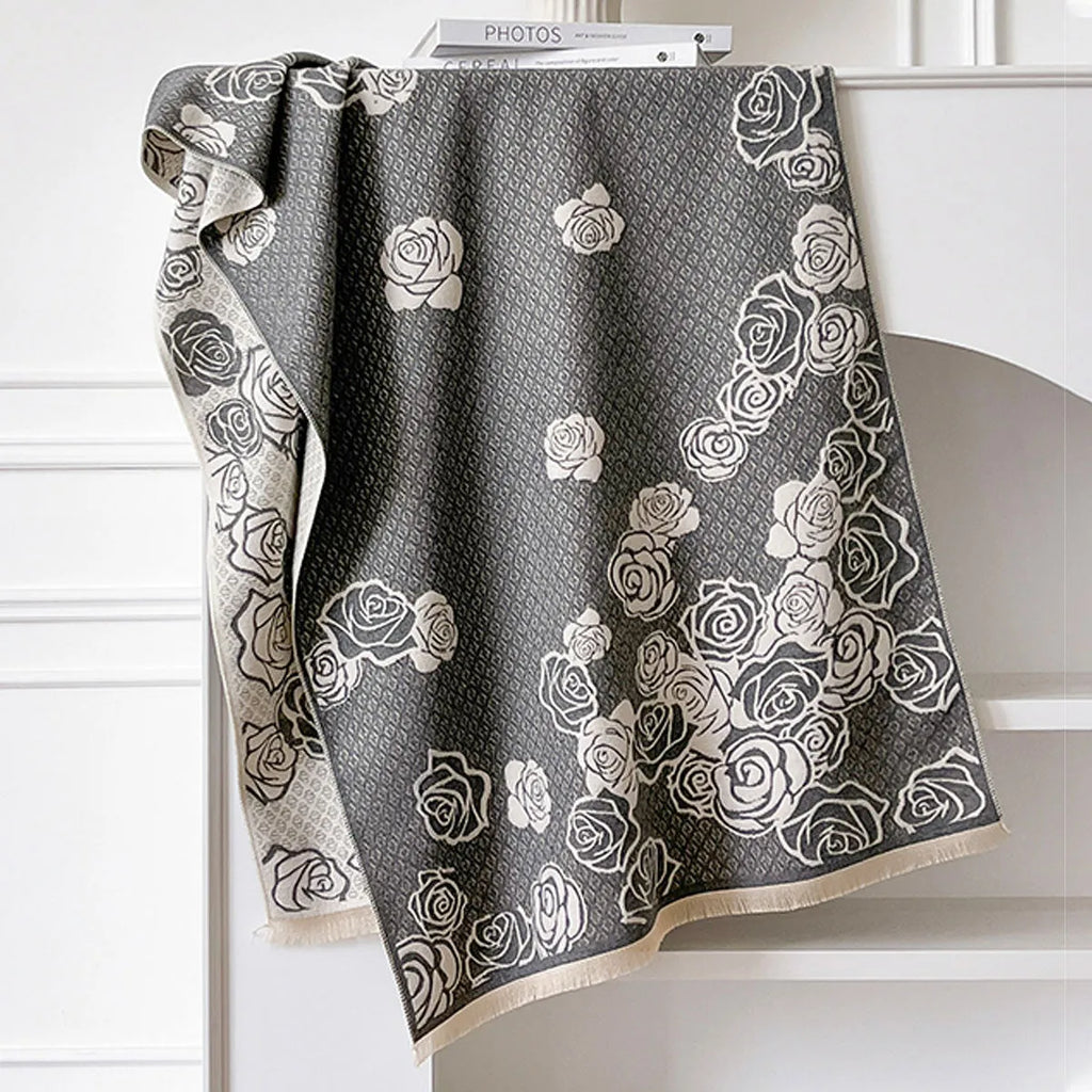 Imitation cashmere winter scarf with tassels showing grey, black, blue, and khaki colour options
