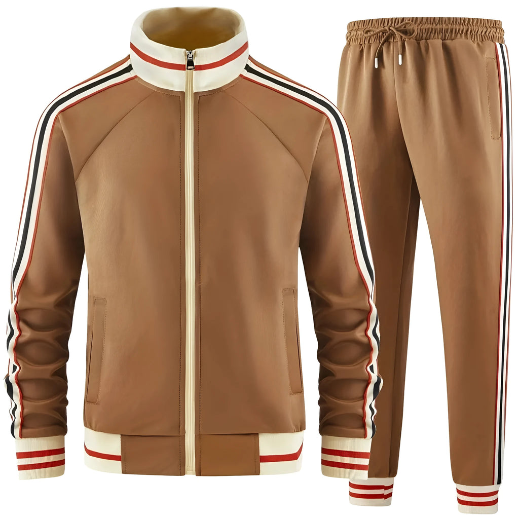 Man wearing a khaki zip-front turtleneck cardigan and matching trousers from a casual polyester suit set.