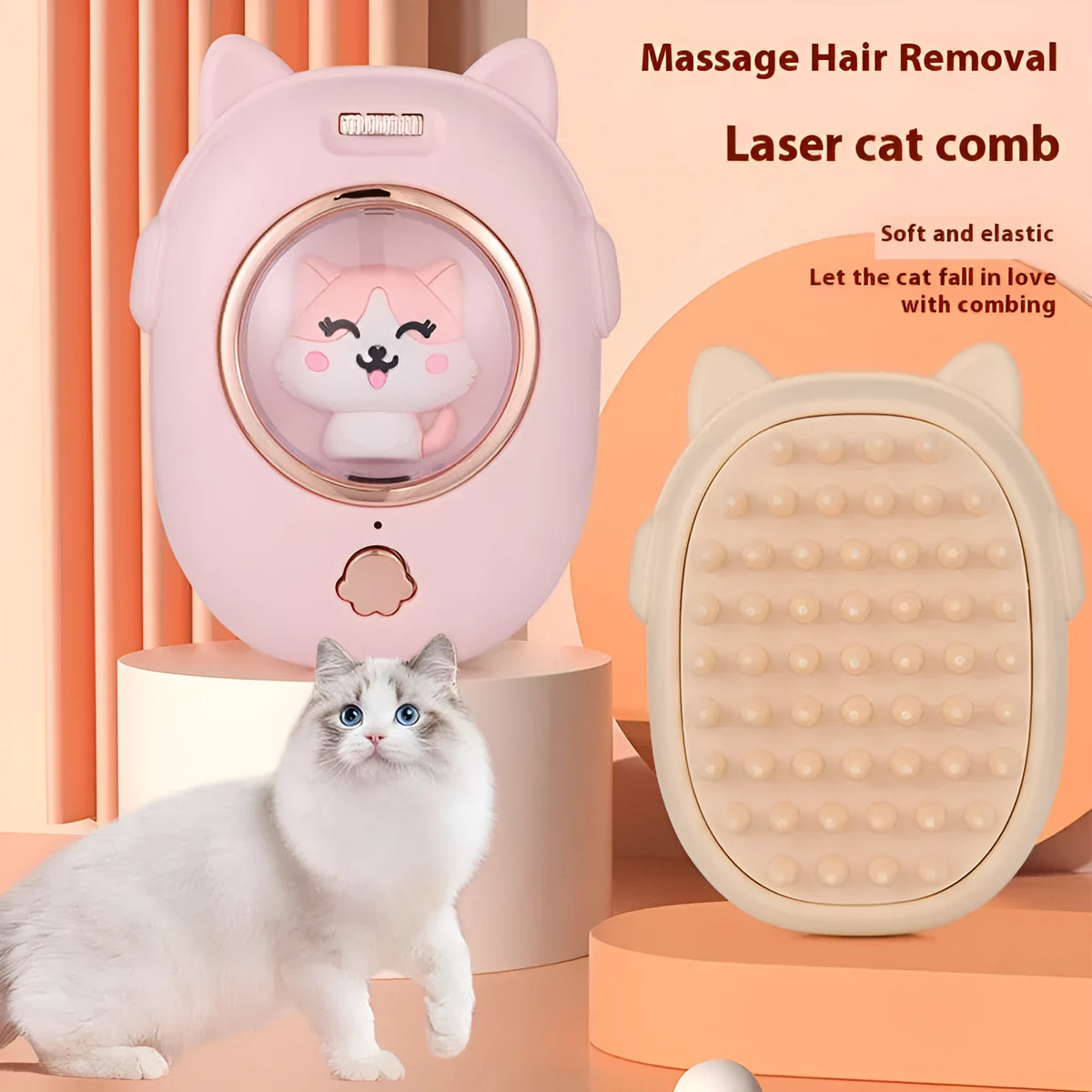 Multifunctional pet comb with laser toy for cat and dog grooming in pink or yellow colour