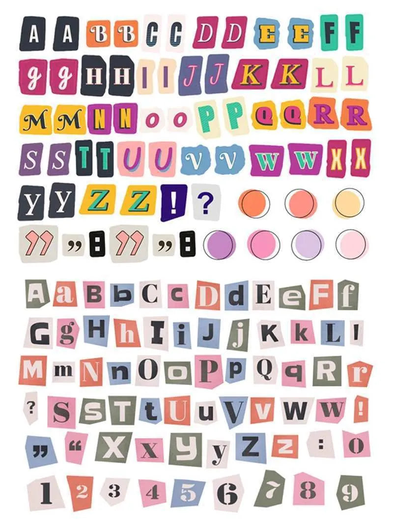 English letters and numbers label stickers in cute printed style for journal and planner decoration