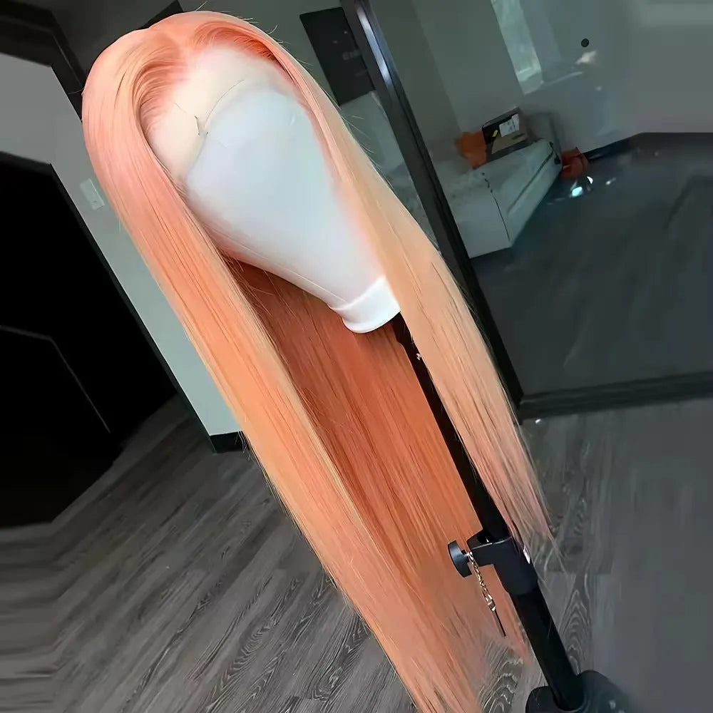 Light orange long straight front lace synthetic wig with side bangs, shown on a wig stand.