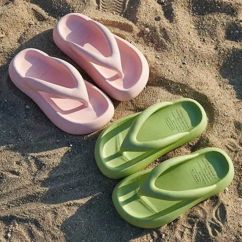 Solid colour thick-soled EVA flip-flops with a decorative bow on the strap