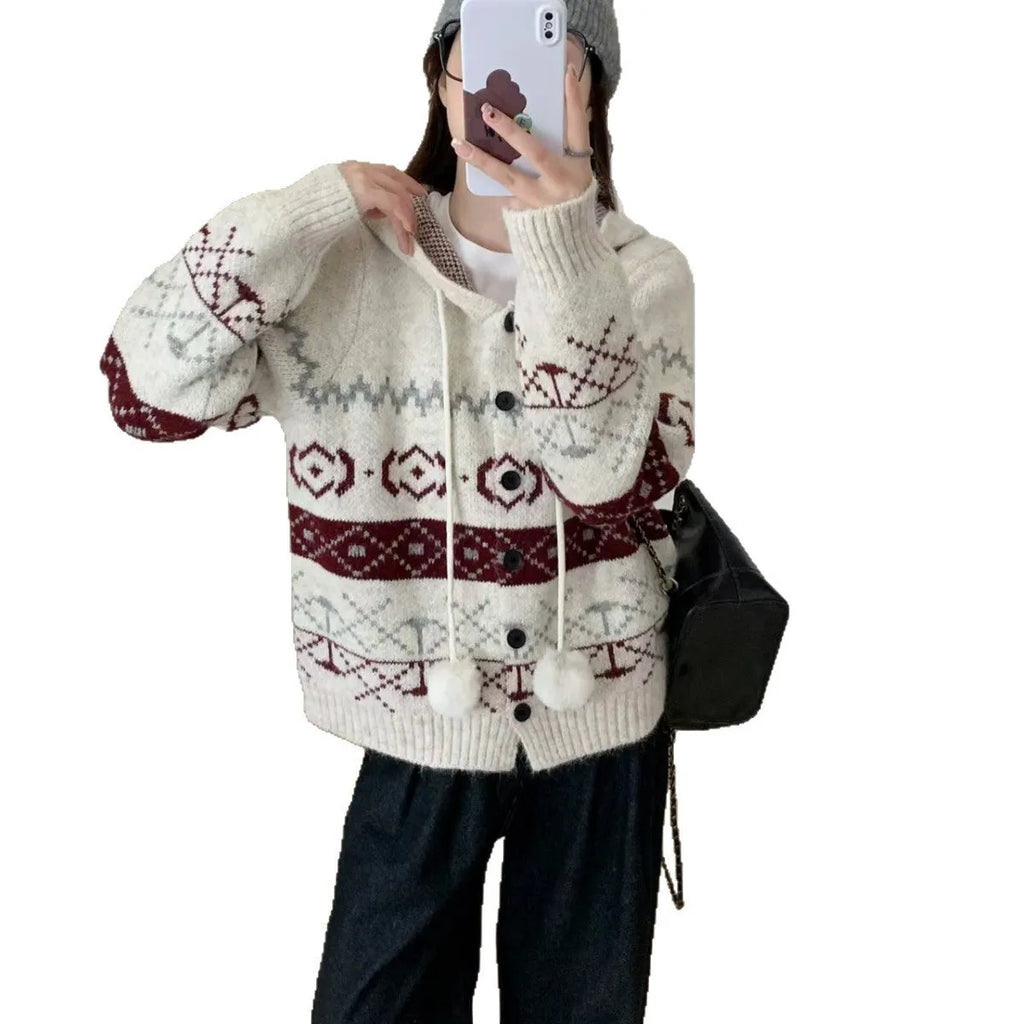 Women's plus size brocade knit sweater coat with geometric pattern in milky white and grey colour options