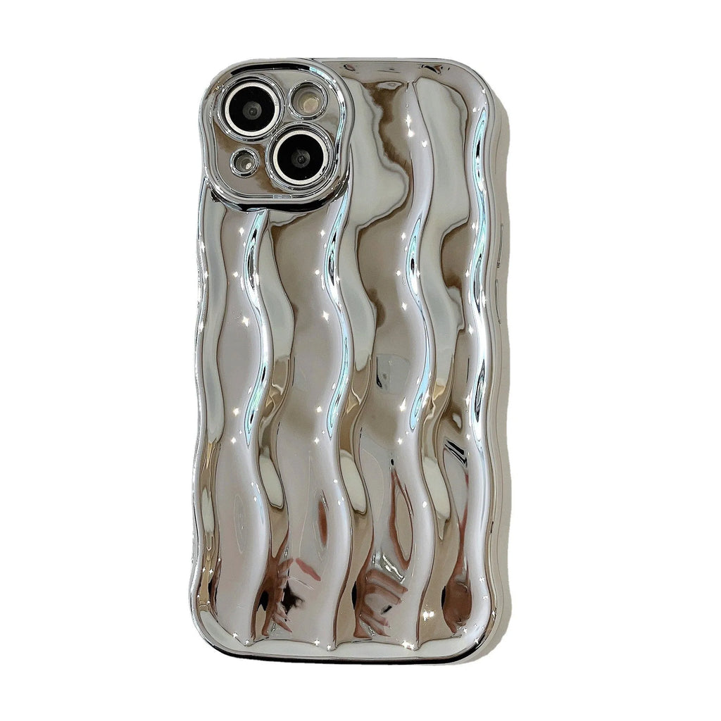 Electroplated wave stripe design on a flexible TPU iPhone 17 protective case in silver finish.