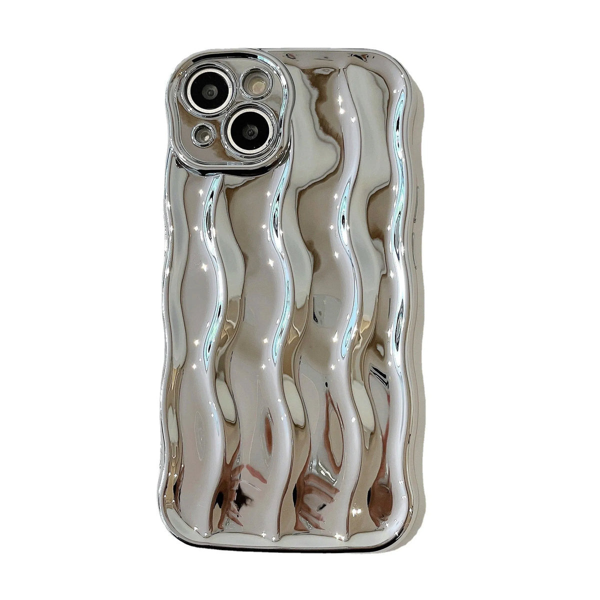 Electroplated wave stripe design on a flexible TPU iPhone 17 protective case in silver finish.