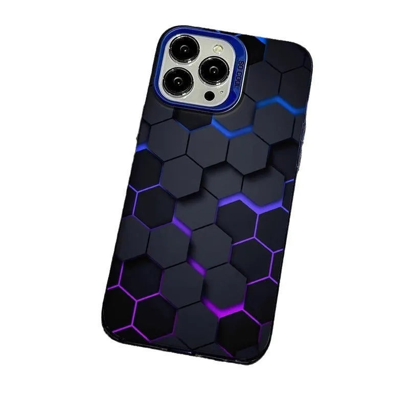 Frosted protective iPhone case with honeycomb square pattern in contrasting colour on black background