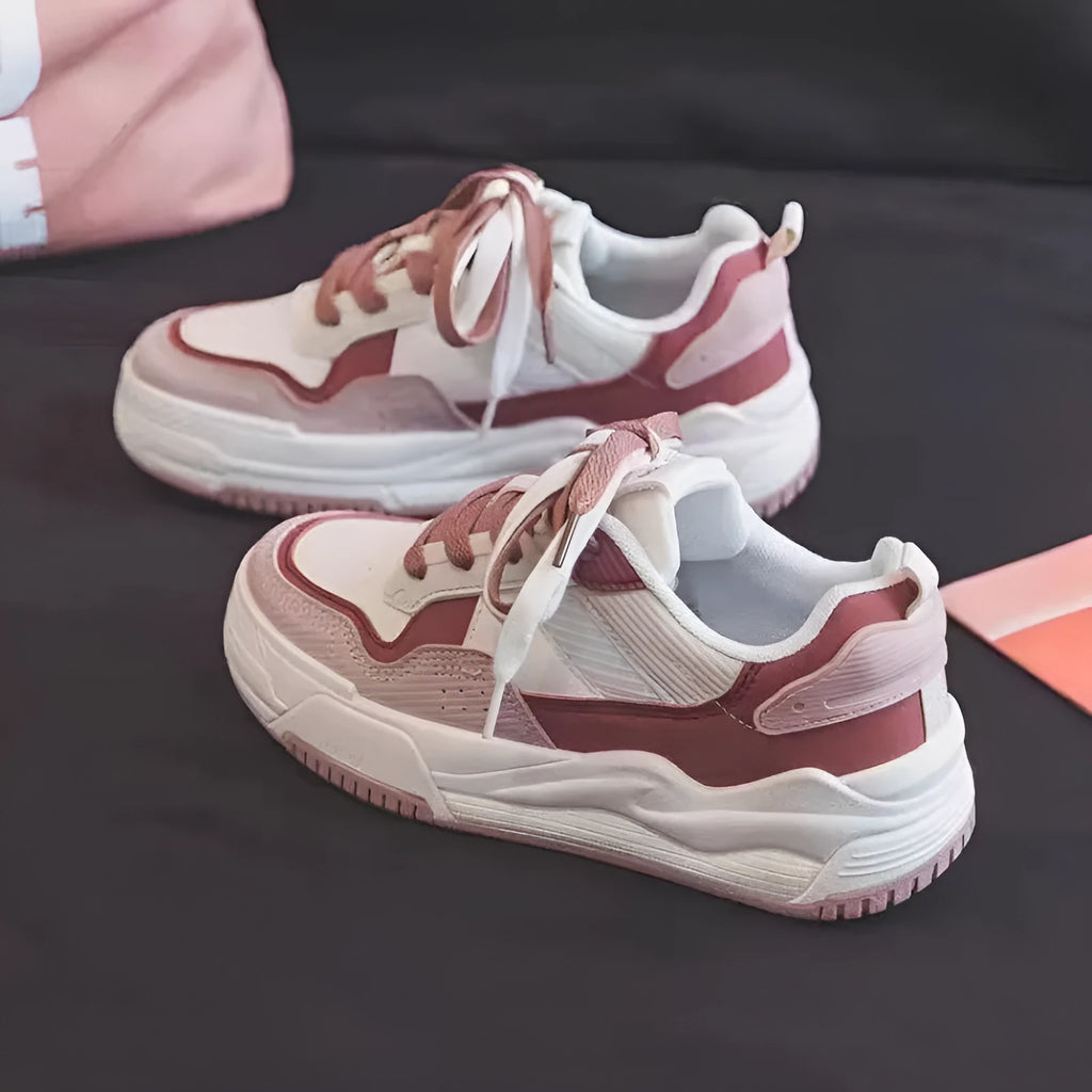 Women's pink and beige low-top height increasing sneakers with rubber soles