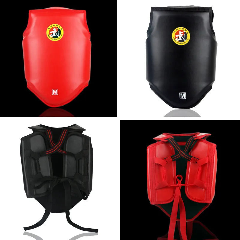 One-piece boxing chest protector in red blue or black PU leather for fighting training
