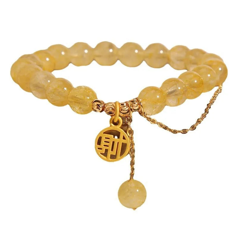 Natural citrine bracelet with Chinese character tassel in gold electroplated finish