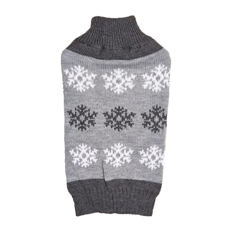 Grey or dark brown dog Christmas sweater with snowflake pattern, acrylic knitted construction