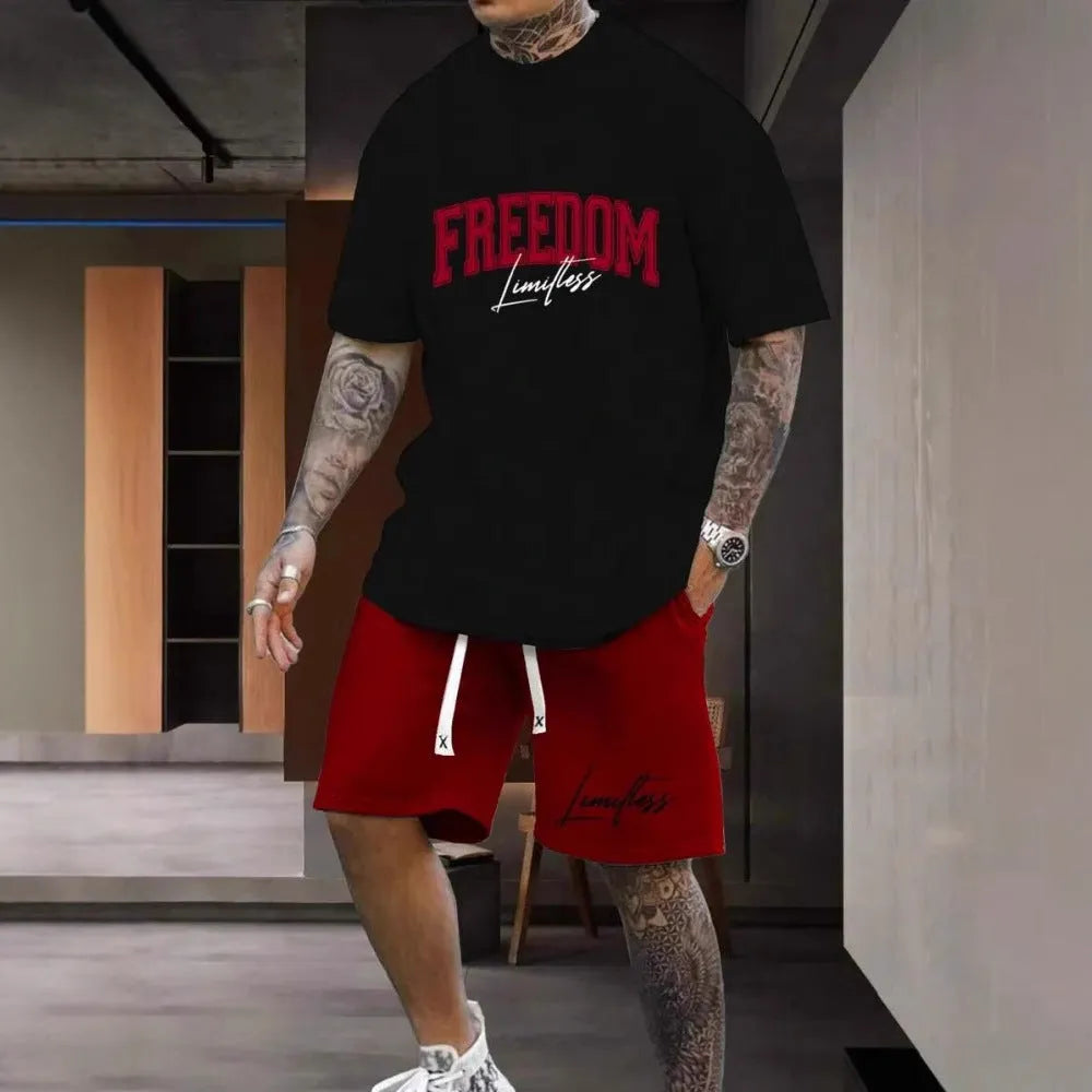Men's short sleeve top and shorts set with 3D printed letter design in a sports leisure style.
