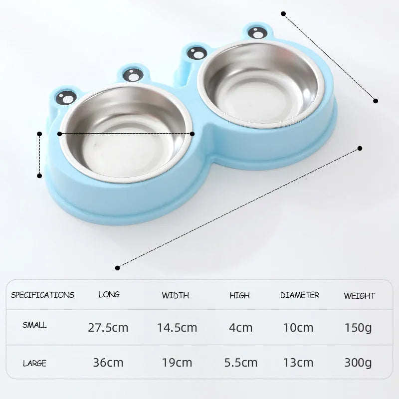 Blue frog-shaped stainless steel double pet bowl for food and water, shown in large size.