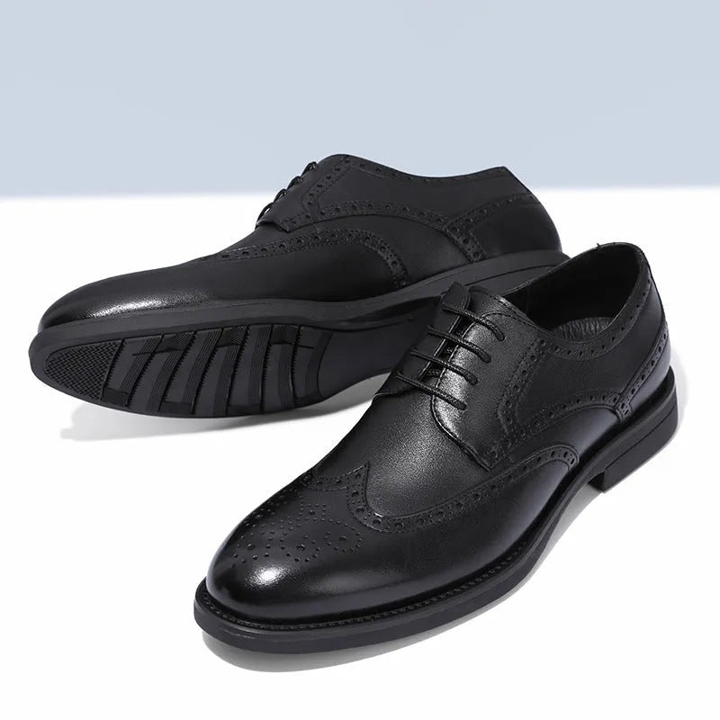 Men's black and brown PU leather brogue shoes for formal business wear.
