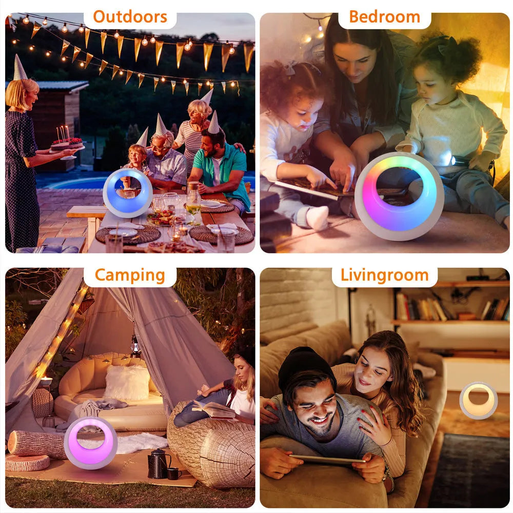 Small white desk lamp with remote control showing RGB colour changing ambient light display