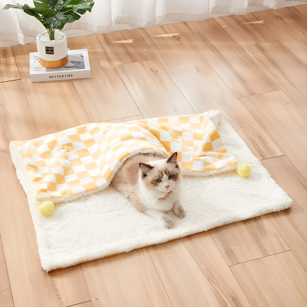 Green plaid plush fleece pet blanket with fur ball trim, laid flat as a dog bed or cat mat.