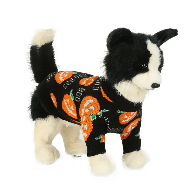 Black dog sweater with orange pumpkin pattern showing size options from S to XXL