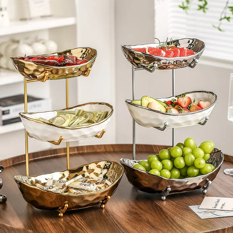 Multi-layer porcelain fruit tray with gold or silver electroplated stone texture frame, shown in double or triple tier.