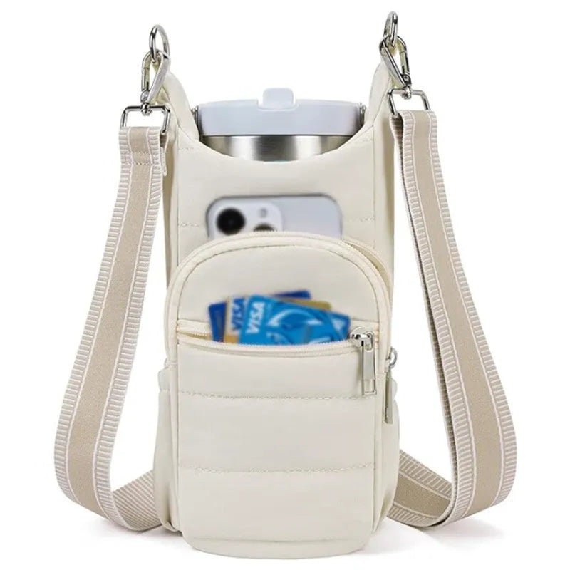 Cloth bicycle water bottle bag in black, pink or beige colour on bike frame