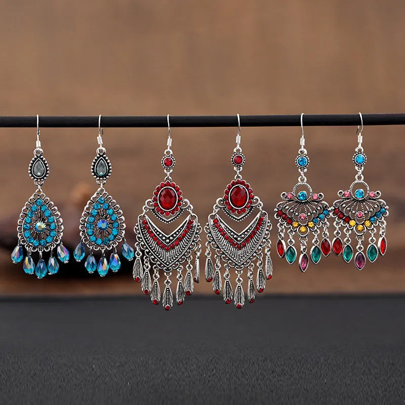 Smart water drop purple retro crystal fringe earrings with ethnic design and drop shape