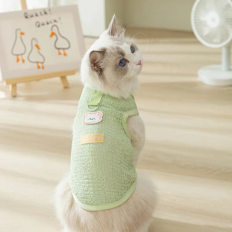 Blue knitted cat clothing with hollowed-out sections and a cartoon bear patch on the front.