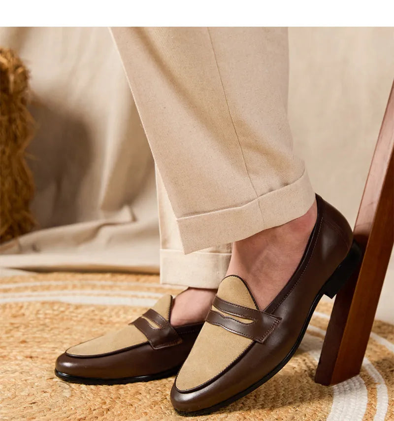 Men's coffee grey suede Belgian loafers with a slip-on design and rubber sole