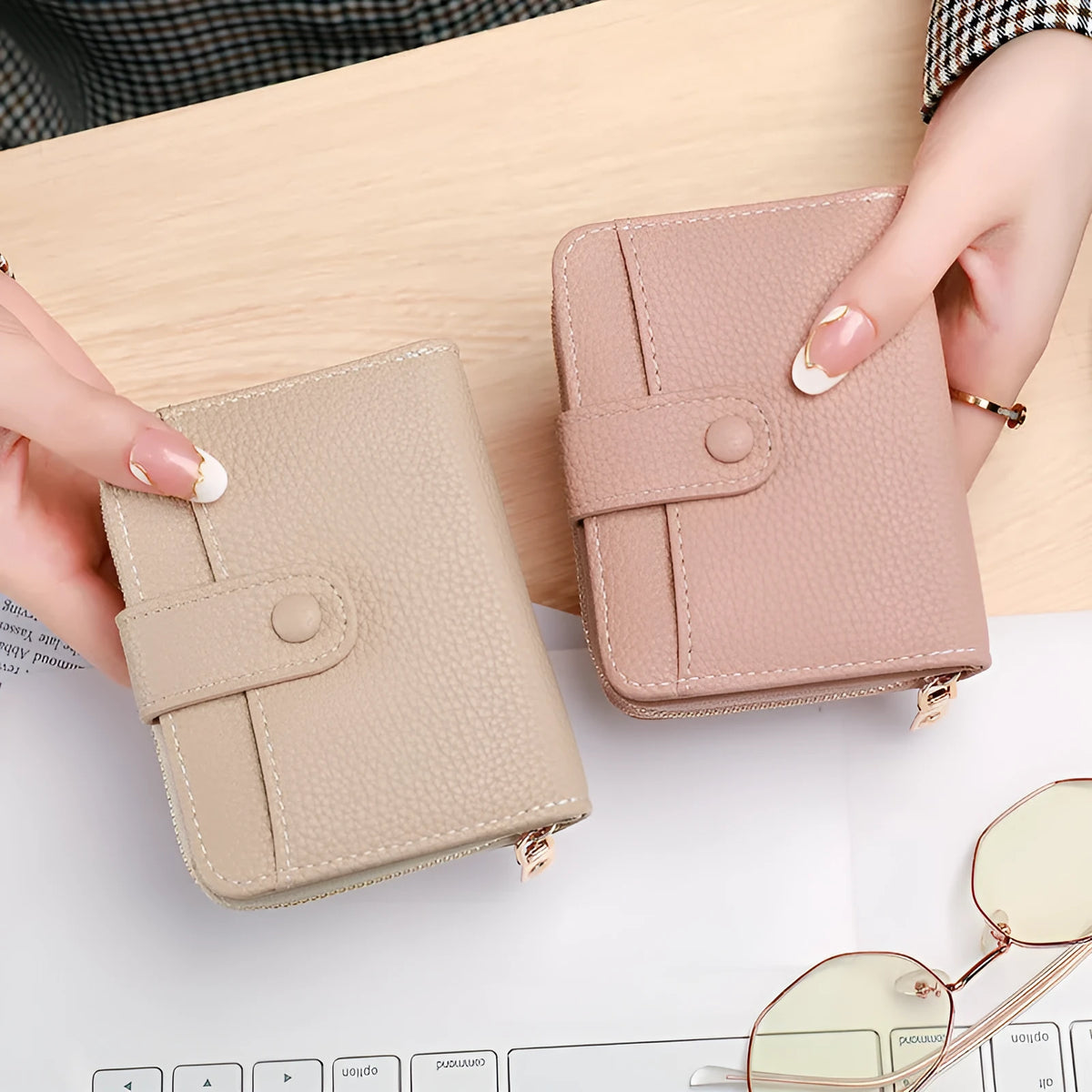 Women's lychee pattern PU leather short wallet showing card slots and cash compartment