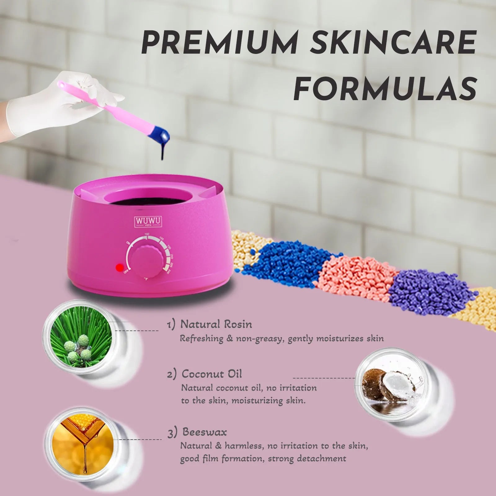 Professional waxing kit with hard wax beans, wax warmer, and post-care lotion for sensitive skin hair removal.