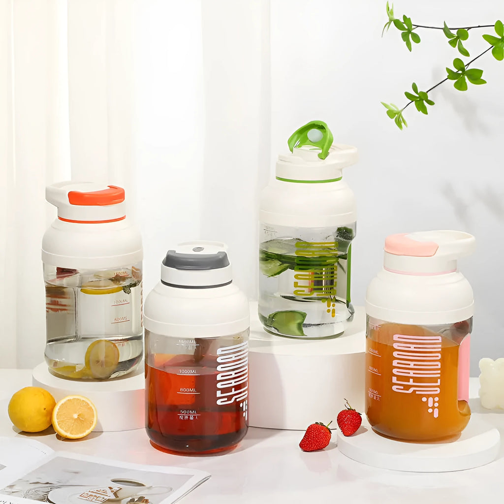 Electric portable juicer with 1500ml juice cup, 80W motor, plastic body, and PC food grade liner, shown in pink, grey, green, or orange.