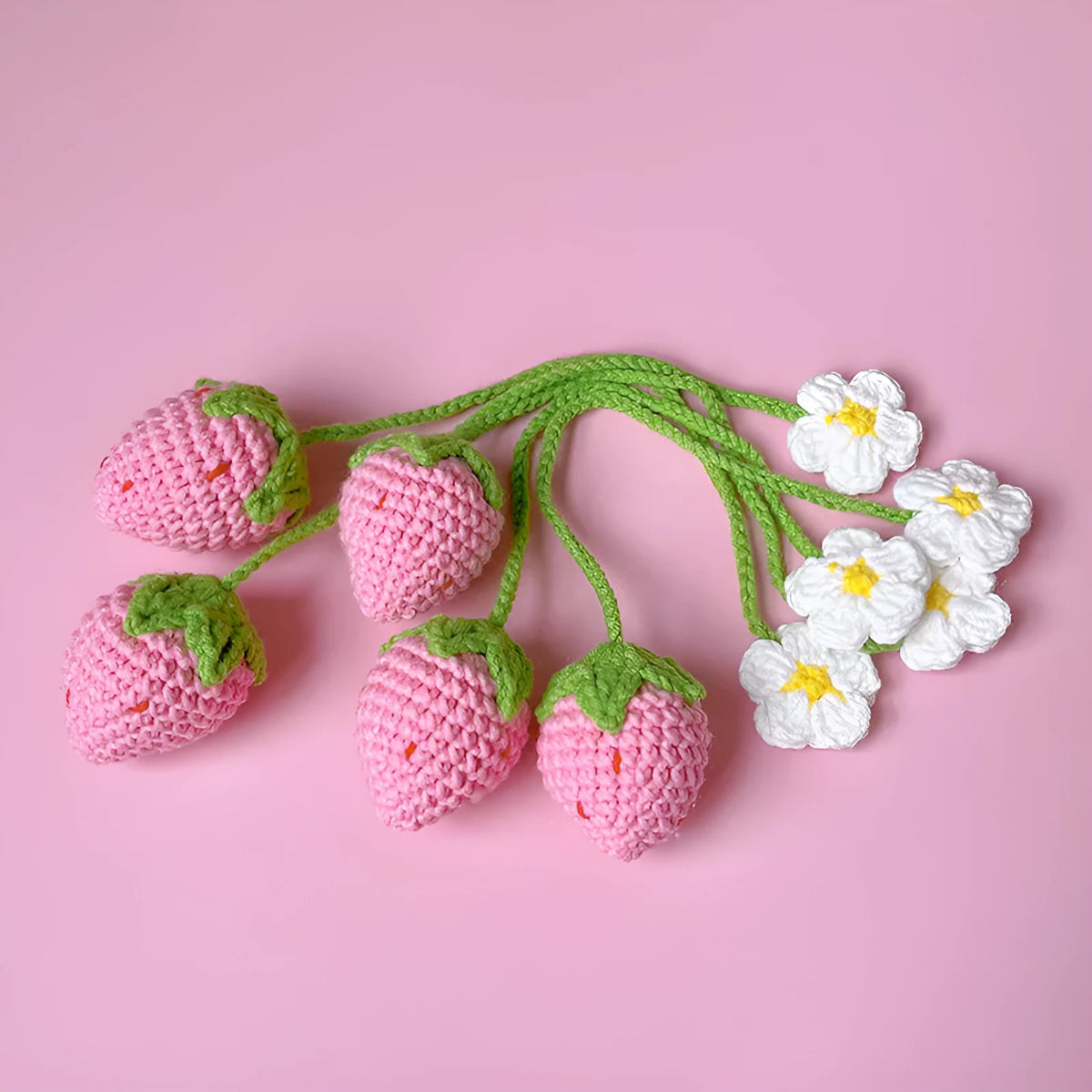 Wool crochet woven strawberry pendant on 35 cm knitted wool cord in pink or red colour