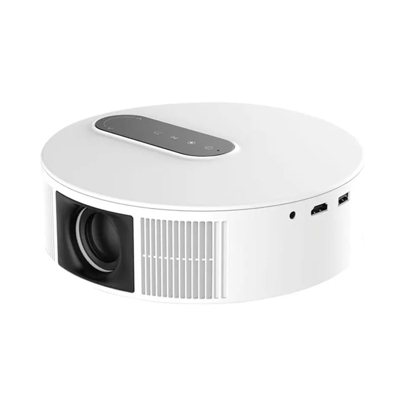 White HD home projector with remote control on a table