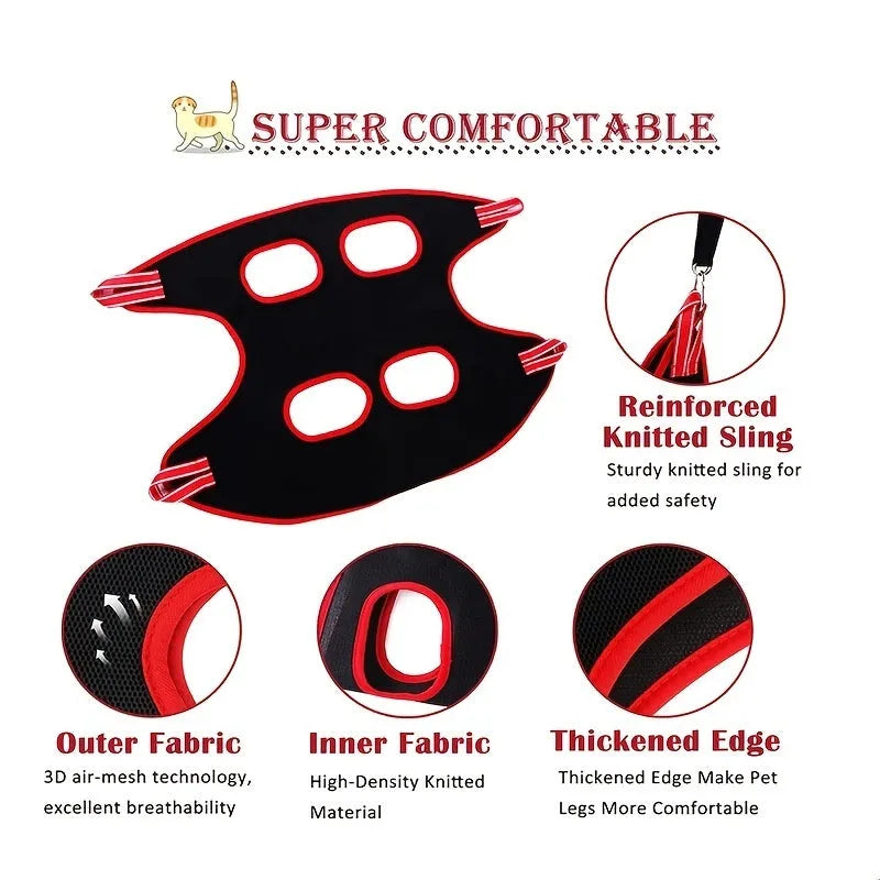 A pet grooming hammock restraint bag hanging, suitable for cats and small dogs.