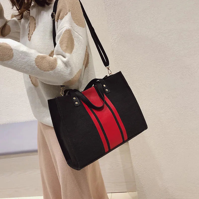 Canvas tote bag women's horizontal square zip top handbag 33cm wide with geometric stripe pattern
