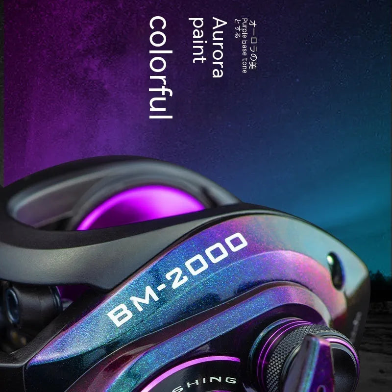 Colourful BM2000 fishing reel with water drop design and magnetic brake, shown in left and right-hand models